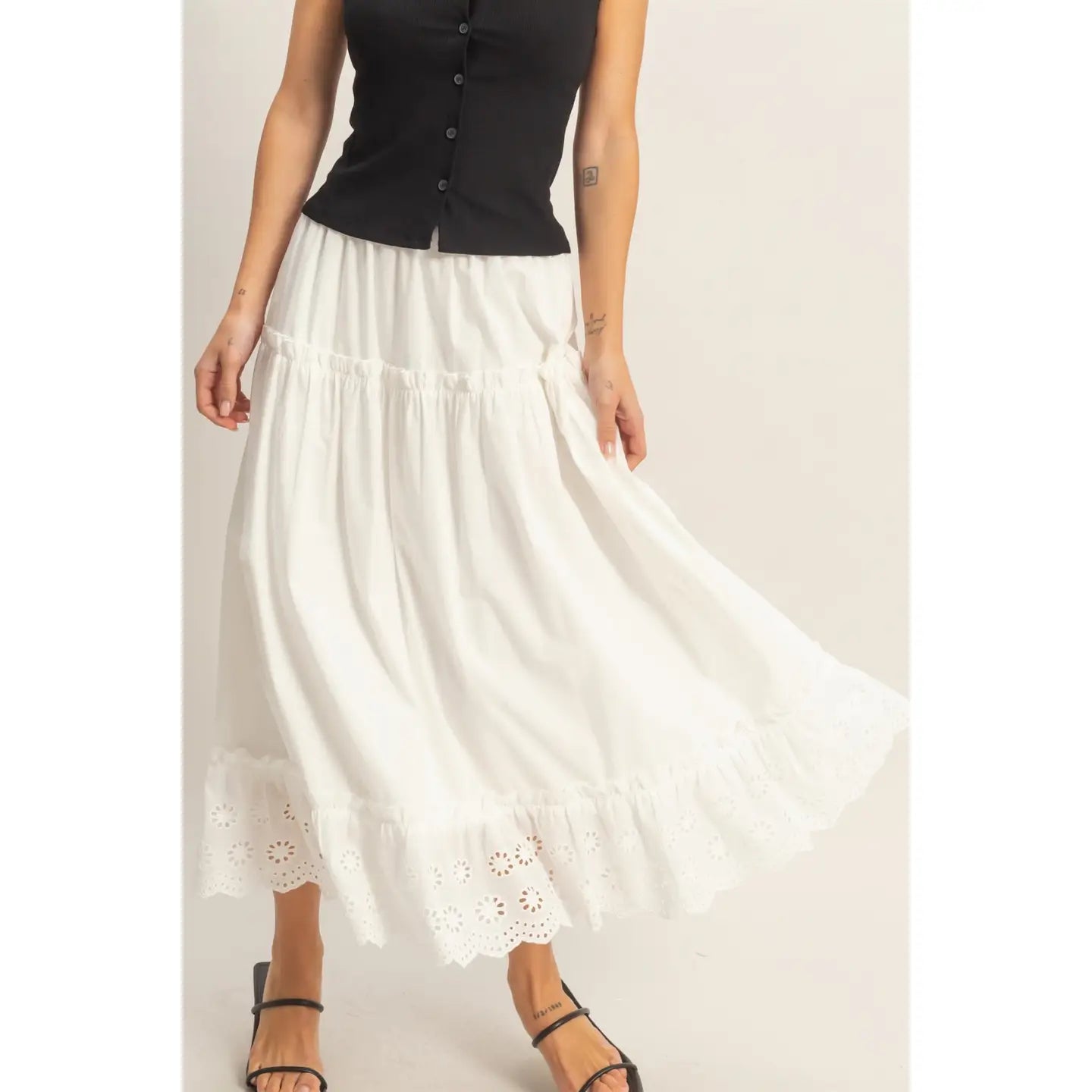Tiered Eyelet Maxi Skirt
