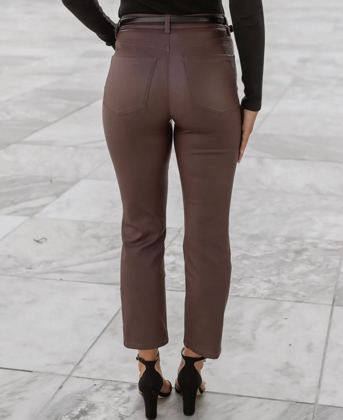 Faux Leather Straight Leg Cropped Denim