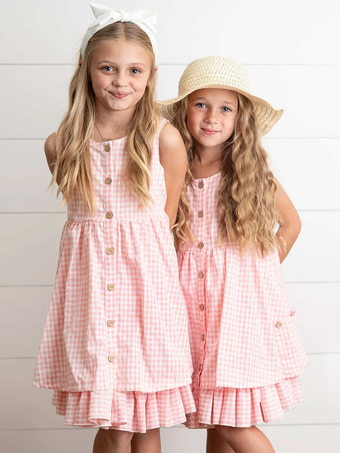 Girls Pink & White Gingham Check Pocket Ruffle Spring Dress