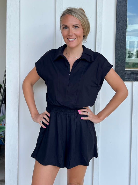 Black Quarter Zip Romper