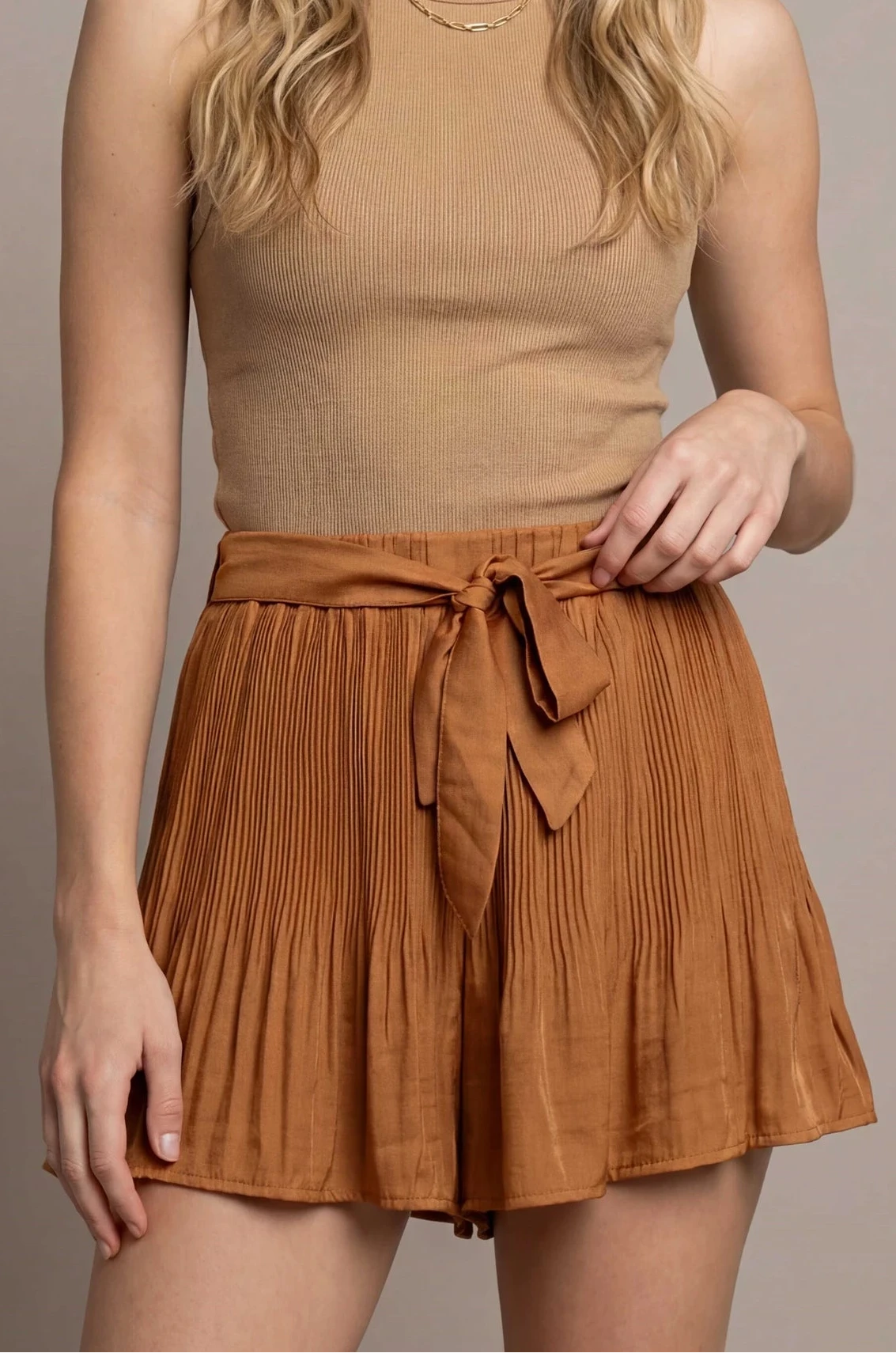 Copper Pleated Satin Shorts