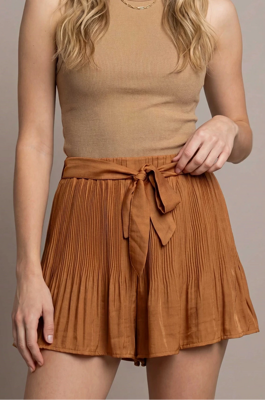 Copper Pleated Satin Shorts