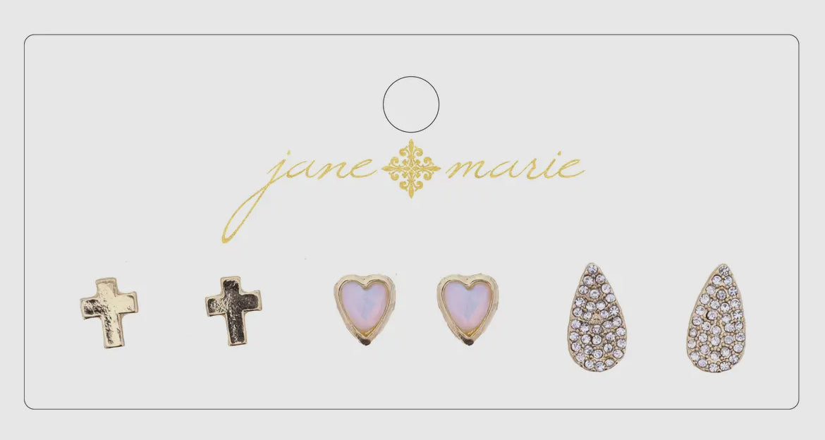 3 Stud, Opal Heart, Rhinestone Teardrop, and Cross Earring