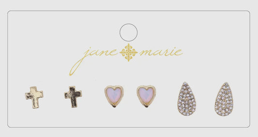3 Stud, Opal Heart, Rhinestone Teardrop, and Cross Earring
