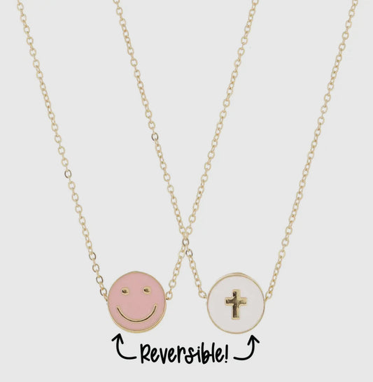 Kids Reversible Disc with Pink Happy Face & Cross Necklace