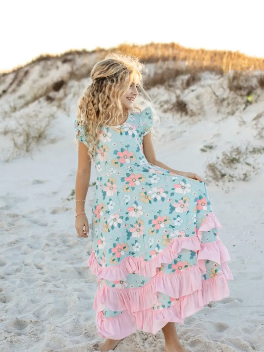 Bella Mint Pastel Floral Ruffles Dress