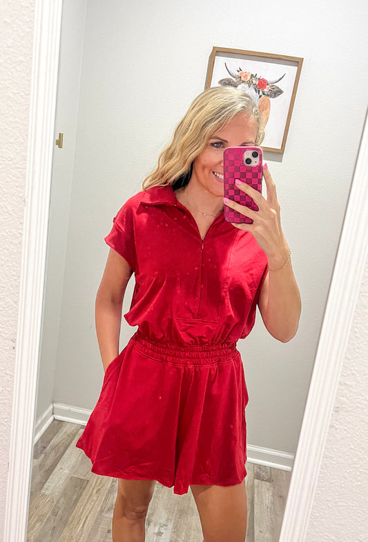 Red Quarter Zip Romper
