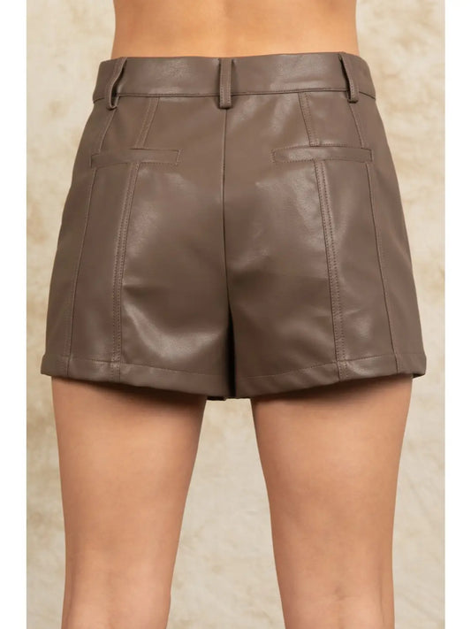 Front Seam Detail Faux Leather Shorts