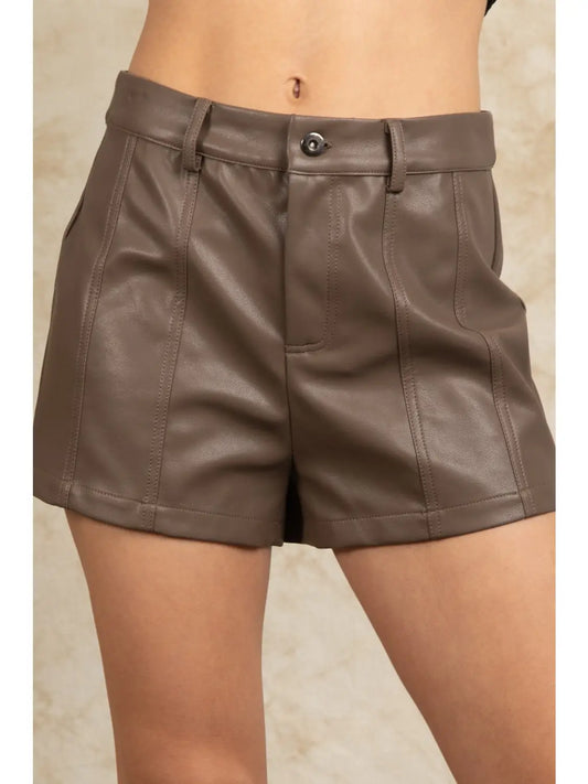 Front Seam Detail Faux Leather Shorts